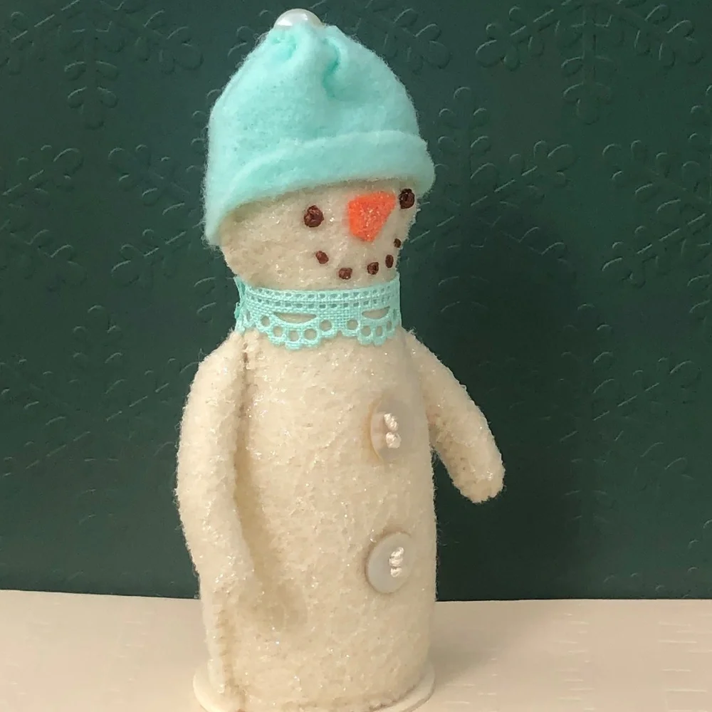 Snowman Art Doll Felt Coastal hand-sewn aqua hat handmade